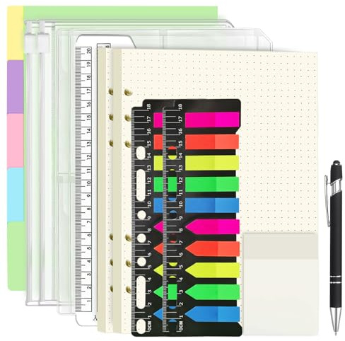 Sheryl&Rain134 Pcs A5 Refill Pad Paper Set, 6 Holes Dotted Paper 120 Sheets, 5 Colorful Binder Inserts Refill Pad, 450 Sticky Notes,4 Envelope Bags,20 cm Ruler,Black Pen, A5 Ring Binder Notebook Diary