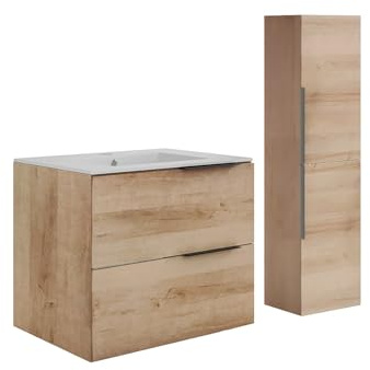 Vente-unique-Mobile bagno sospeso con lavabo da incasso e colonna - le chiaro - 60 cm - NISAYA
