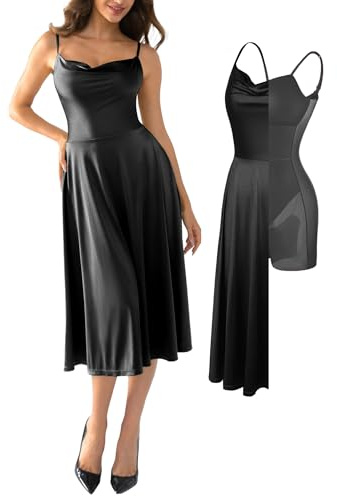 Popilush Corset Dress All in One Shapewear A-Line Evening Midi Tea Party Dresses Tummy Control Spaghetti Strap for Semi Formal Black