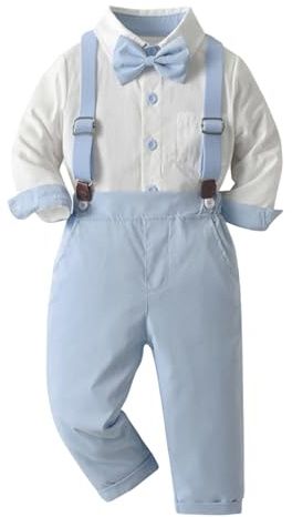 YiZYiF 2-delad pojke kostym festlig rosett skjorta och hängslen byxor barn baby outfit bröllop dop, Ljusblå, 68/80 cm