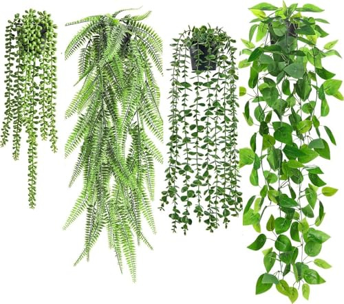 Elyyapt 4 Pack Artificial Hanging Plant Fake Plants with Pots, Artificial Ivy Vine Faux Eucalyptus Hanging Plants, Boston Fern, String of Pearls for Indoor Outdoor Home Bathroom Wall Shelf Decor