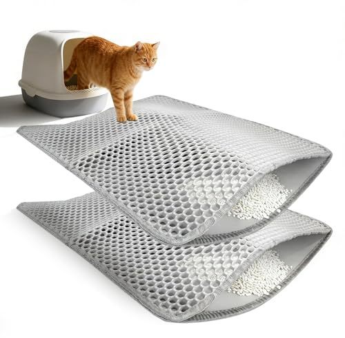 2 Stück Katzenklo Matte, Katzenstreu Matte Doppellagig 40 x 60cm Waben Katzenstreumatte Katzenklomatte Katzenteppich für Den Boden Grau