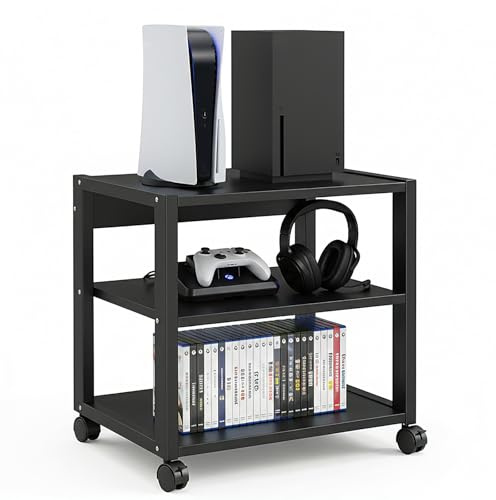 GTYMTTX Soporte Impresora con Ruedas y 3 Niveles, Mueble HiFi Robusto para Amplificador y Tocadiscos, Mesa Auxiliar Metálica para Oficina y Hogar, Estante Ajustable, Negro