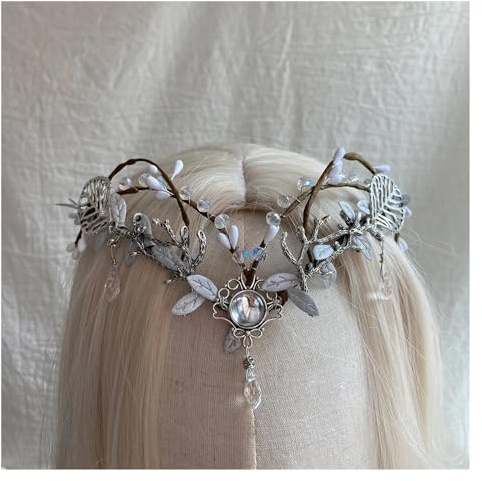 HYFEUOKF Tiara hecha a mano Tocado élfico Corona de hadas Tiara élfica con ramas(ELF23D)