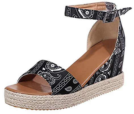 Sandaletter kilklack platå hög, läder espadriller damer PU kilsandaler halkfria sommarskor plattform ankelremmar sandaler justerbar rem semestersandaler, svart, 39 EU