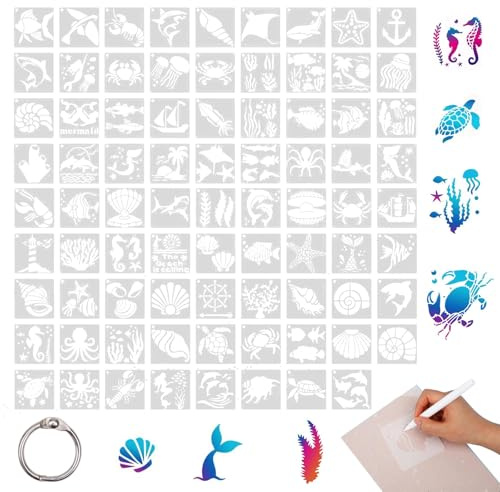 80 Pezzi Set Stencil Animali, Stencil Riutilizzabile per Pittura Bambini, 7,6x7,6cm Stencil da Dipingere, DIY per Album e Regalo, Animali Marini