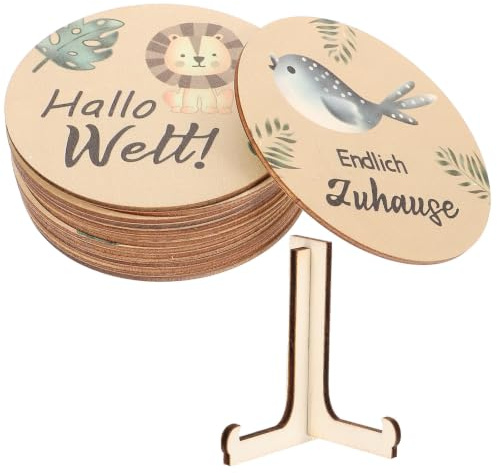 VINTORKY Months Signs Wooden Milestone Cards for Photography Embellishment and Room Decor with Animal Patterns and Display Stand, Monthly Growth Photo Props