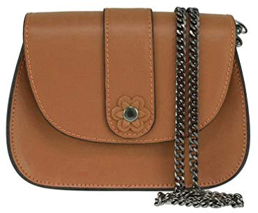 OBC Made in Italy Damen Leder Tasche Clutch mit Blume Applikation & Kette Umhängetasche Ledertasche Schultertasche Cross-Over Schmucktasche Nieten Messenger Bag (Leder-Cognac 19x13x8 cm)