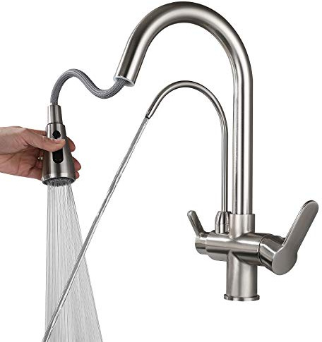 Küchenarmatur mit Ausziehbarer Brause 3 Wege Trinkwasserhahn Küche Wasserhahn für Wasserfilter 360° Drehbar Küchearmatur 3 in 1 Mischbatterie 2 Hebel Spültischarmatur Armatur aus Messing