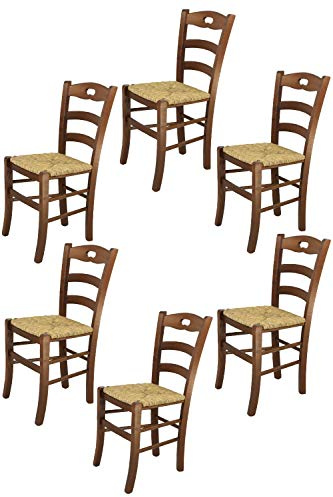 t m c s Tommychairs - 6er Set Stühle Savoie für die Küche und Esszimmer, Robuste Struktur aus lackiertem Buchenholz, im Farbton Nussbraun und Sitzfläche aus Stroh
