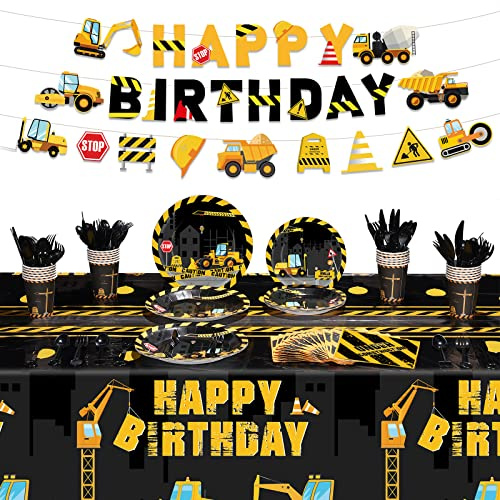 Tiamon 173 Pcs Construction Birthday Party Supplies Serves 24 Include Construction Tablecloth Dump Truck Banners Plates Napkins Tableware Set for 2nd Theme Birthday Party Decoration