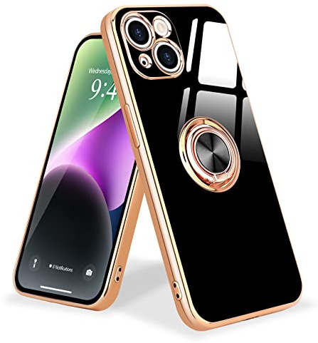 Urarssa for iPhone 14 Case Ring Holder 360 Degree Rotation Finger Magnetic Car Stand Shockproof Phone Case Cover for iPhone 14, Black