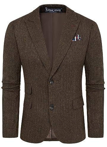 PJ PAUL JONES herr vintage fiskbensmönster tweed blazers brittisk ullblandning sportjacka jacka, Brun fiskben, L