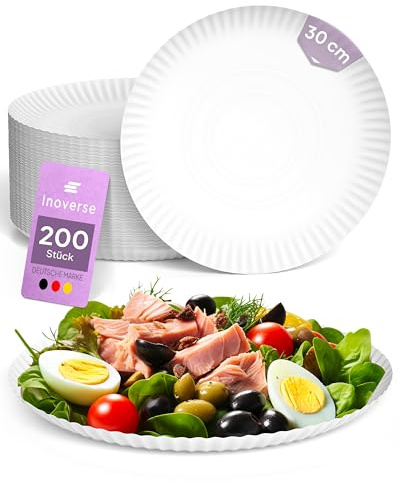 Inoverse Pappteller groß 30 cm Rund, 200 Stück, Einwegteller | Weiß Umweltfreundlich, Tortenteller, Pizzateller, Einweggeschirr, für Kuchen, Waffeln und Snacks, für Feiern, Vereine, Buffet