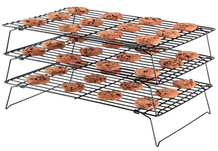 Restaurantware Met Lux 15.7 x 9.8 x 8.3 Inch Wire Baking Rack Set 1 Stackable Oven Wire Rack Set - 3-Tier Design Oven-Ready Up To 392F Black Iron Cooling Rack Set With Collapsible Feet