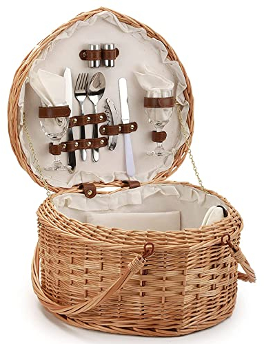 HAVVMK Herzförmiger Picknickkorb für 2 Picknicks, großer Picknickkorb mit doppelten Schwenkgriffen im Vintage-Stil für Paare, Geschenke, Besteck, Camping, Picknick -B