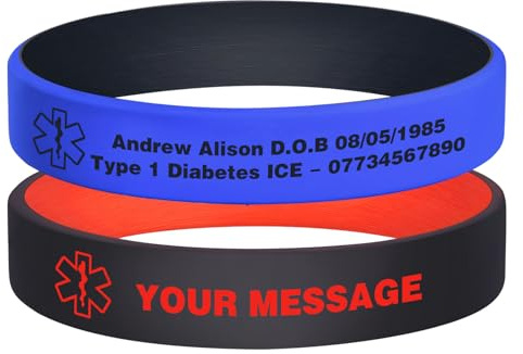 Personalisierte Notfallarmband Medizinisches Alarm Armband - 2 Stück Elastische Silikon SOS ID Armband Gravur mit Name Telefonnummer Allergie Epilepsie Diabetes Notfall Armbänder für Herren Damen