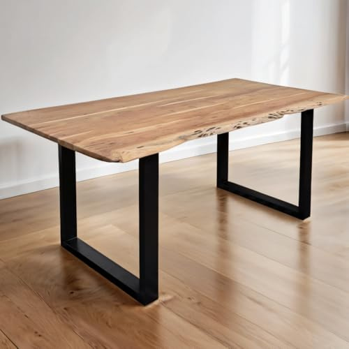 trelevo Esszimmertisch 240x100 cm Akazie naturfarben U-Gestell Baumkante | Akazienholz massiv 26mm, Tischplatte, schwarz, Baumkantentisch