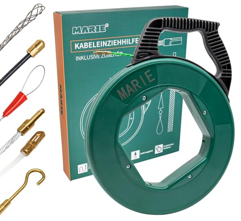 Kabeleinziehhilfe 30m - MARIE Kabeleinzugshilfe mit 4.5mm PET inkl. 6 Adapter - Langlebige Kabel Kabelziehhilfe für Elektroarbeiten - Einziehspirale mit Einziehfeder Bruchsicher zum Ziehen Dunkelgrün