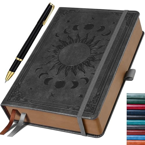 HwxBen Notizbuch (19.6 x 25.4 cm) Liniert, 360 Seiten – Tagebuch für Erwachsene mit Stift, PU Leder Hardcover Notizblock – Ideal als Geschenk für Familie und Freunde – Dunkelgrau
