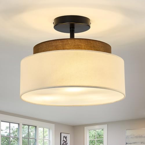Qgiytp 13 Double Drum 3-Light Semi Flush Mount Ceiling Light Fixture Farmhouse Fabric Chandelier with Linen Shade Rustic Black Ceiling Lamp for Bedroom Kitchen Dining Room Hallway Entryway