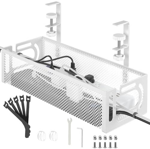 Under Desk Cable Management Tray No Drill, Metal Mesh Clamp-on Cable Tray for Wire Organiser, Desk Accessories Cable Tidy, Cable Management for Home Office Setup, White