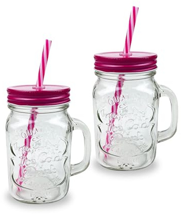 AIBULO 2 Pack 500ml Pink Mason Jars with Lids and Straws – Durable Glass Mason Jars for Iced Coffee, Milkshakes, Bubble Tea, Juices, Smoothies – Reusable, Leakproof & Eco-Friendly Drinking Jars