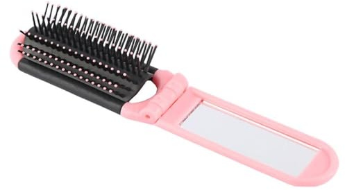 Brosse à cheveux pliable portable avec miroir - Peigne démêlant antistatique pour femme - Massage du cuir chevelu - Rose