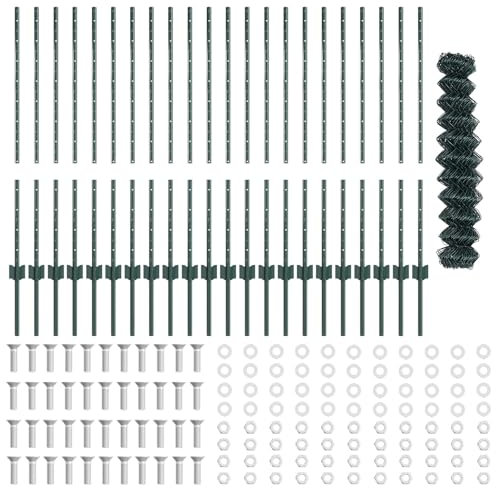 vidaxl Chain Link Fence - 22 u Posts - Steel Green, Outdoor Boundary Barrier - 1x25m Length