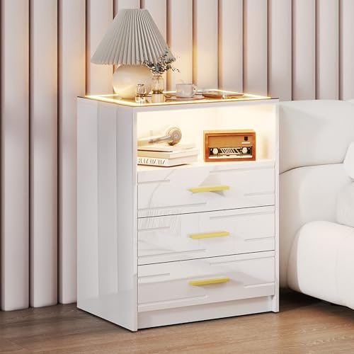 Gurexl Smart Nachttisch,Modern Nachtschrank mit ladestation,Beistelltisch mit 24 farbigen RGB Lichtern,Bedside Table mit Glasplatte,1 offene Fächer,Hochglanz,für Schlafzimmer,weiß
