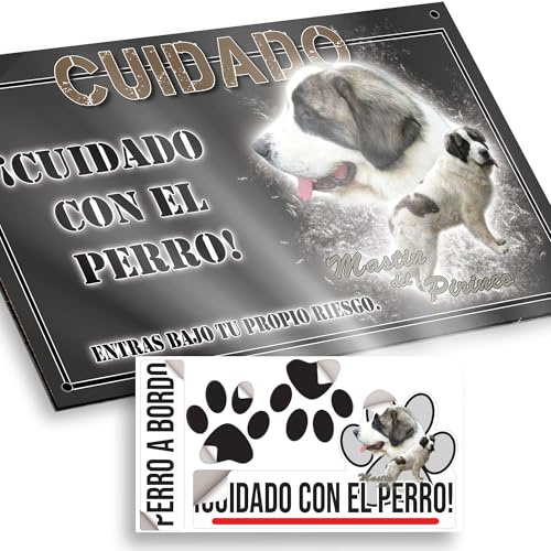 Mastín de los Pirineos Cartel Cuidado con el Perro 20x12,5cm - Diseño Antracita en Dibond con Pegatina Coche 20x5cm - En Español