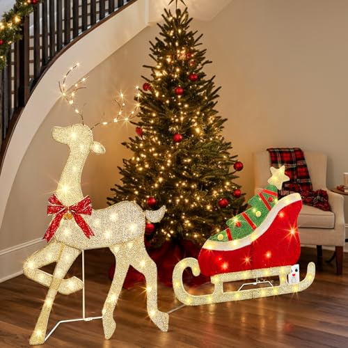 Eambrite Outdoor Christmas Decorations, Light up Reindeer Outdoors with Warm White Lights, Motion Sensor Music Xmas Decor, Christmas Sleigh for Lawn Porch Garden