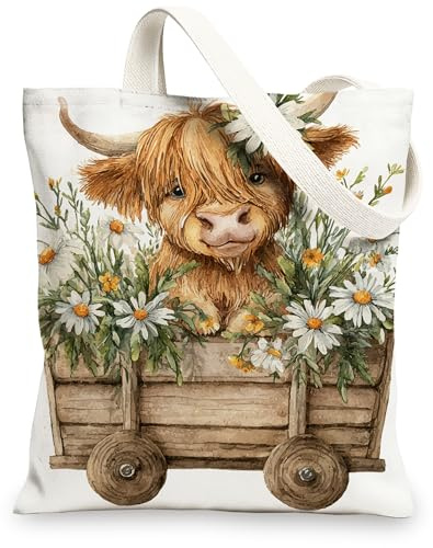 Highland Cow Canvas Tote Bags, Floral Animal Pattern Reusable Grocery Bags, Rustic Lightweight Washable Shoulder Strap Canv, White, 13x15 Inch