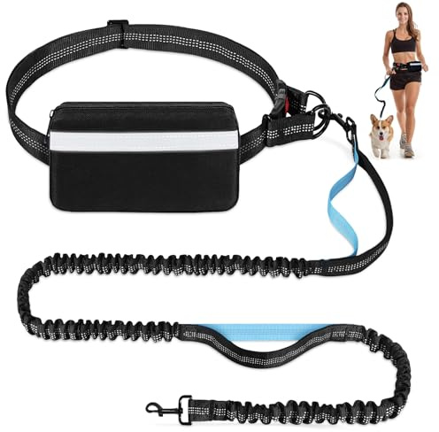 Joggingleine Hunde,Freihändig,Verstellbarer Bauchgurt hundeleine, Zwei gepolsterte Griffe,Stoßdämpfende, elastische,Abnehmbare reflektierende Hüfttasche,Joggen/Laufen Für Hunde bis 50 kg,Schwarz