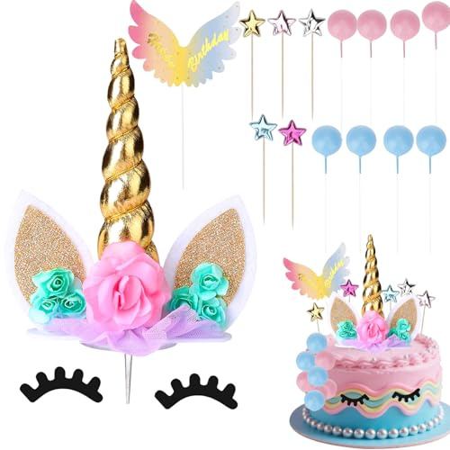 Gleevio 15 Stück Happy Birthday Tortendeko Einhorn Deko Torte,Einhorn Kuchendeko Geburtstag,Cake Topper Unicorn Deko Kindergeburtstag,Tortendeko Mädchen,Unicorn Kuchen Topper Stern Horn Ohren Kinder