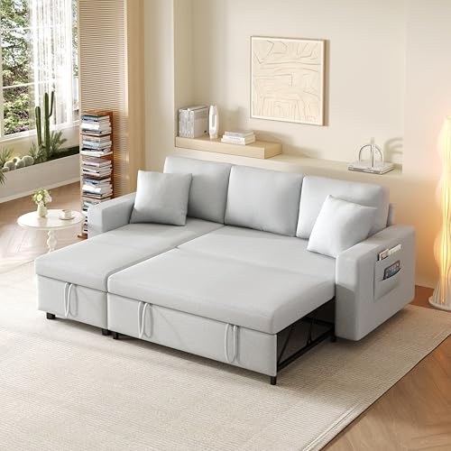 OPODEE Schlafsofa mit Schlaffunktion, L-förmiges Sofa, Sofa-Chaiselongue mit Stauraum, mit Taschenaufbewahrung, Wohnzimmer-Schlafsofa, Links und rechts austauschbare Chaiselongue