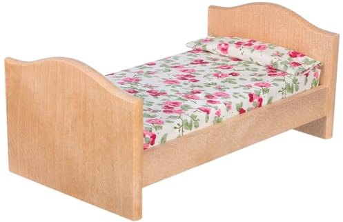 Garneck 1:12 Mini-puppenbett: Puppenhausmöbel aus Holz, Bettwäsche aus Floralem Stoff, Mehrfarbig, Passend für Miniaturzimmer Und Regale, zum Rollenspiel, Basteln von Dekorationen Und für