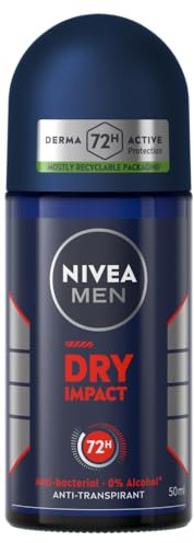 NIVEA MEN - Déodorant Bille Dry Impact - Déodorant Homme 72H Anti-Transpirant Aisselles - Anti-Bactérien - 0% Alcool - Dual Protection - Tous Types de Peaux - 50 ml