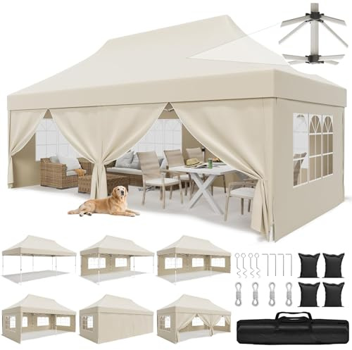 JUMMICO Tonnelle 3x6 Pliante avec 10cm de Hauteur Intérieure Supplémentaire｜Toile Oxford Imperméable, Robuste et Durable｜Tente de Fête Élégante, Idéale pour Jardin, Camping et Plus Encore Beige