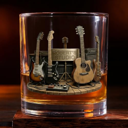 Personal Chic Personalised Whisky Glass - Guitar Studio - Engraved Whiskey Glasses for Men, Gifts for Rock Music Lovers, Whiskey Gifts for Men, Custom Glass, dad Whiskey Glass (Model #1)