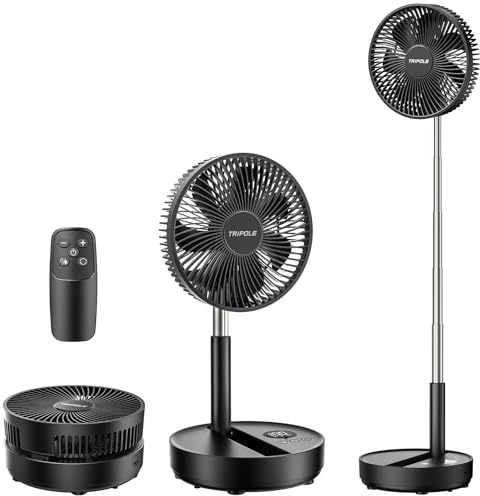 TriPole Tragbarer Standventilator mit LED-Anzeige, Akku, 28,5 Std. Laufzeit | Oszillierender Ventilator mit Fernbedienung, faltbarer Standventilator mit Timer, leise für Schlafzimmer, Büro & Camping