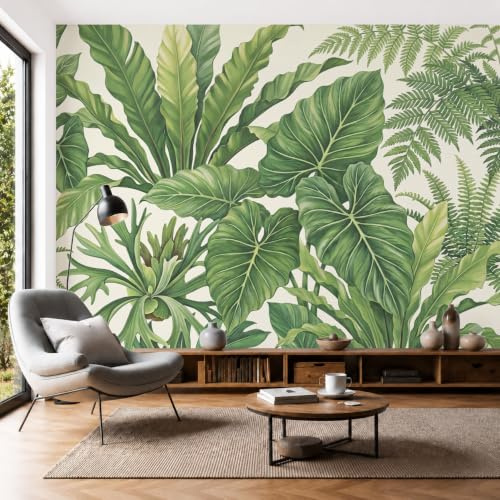 Papier Peint Panoramique Plantes Vertes Tropicales Fraîches, 200x140cm Fresque Murale Feuilles Palmier Monstera Poster Mural Décoration Murale Fond pour Salon, Chambre d'enfant, Chambre, Vert Clair
