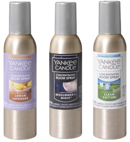 Yankee Candle Concentrated Room Spray Air Freshener, Instant Home Fragrance, Odor Eliminating Spray, Strong Scent, Lemon Lavender, Midsummer’s Night, Clean Cotton (Variety Pack)