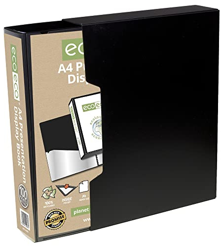 eco-eco A4 storlek 50% återvunnen 100 fickor svart presentationsbok, förvaringsfodral, portfölj, konstmapp med plasthylsor med svart displaybox