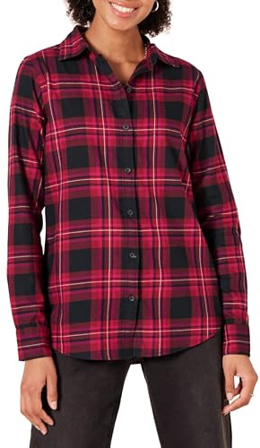 Amazon Essentials Camisa de Franela Ligera de Manga Larga para Mujer, Ajuste clásico, tartán Chelsea Negro y Rosa, Talla S