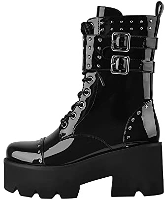 Only maker Women's Lace Up Ankle Boots with Track Sole Round Toe Chunky Heel Punk Biker Motorcycle Walking Booties Gothic Studded Ankle Straps Buckle Platform Boot Black Size 9