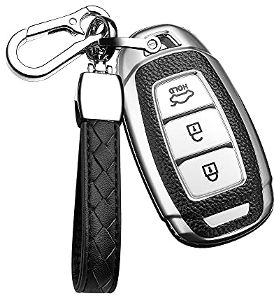 HIBEYO Smart Autoschlüssel Hülle passt für Hyundai Keyless Schutzhülle Schlüsselhülle für Kona i10 i30 ioniq Tucson Nexo Santa Fe Funkschlüssel Schlüsselanhänger TPU Leder Texture Schlüsselbox-Silber