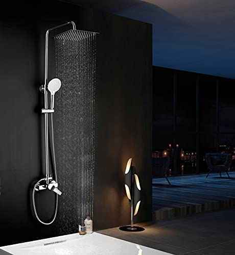 Elbe Sistema doccia inox 304 con miscelatore, doccia a pioggia, colonna doccia con raccordo doccia, soffione angolare 25x25cm, set doccia, cromato