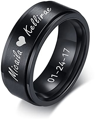 FLHEART Personalisierter Spinner Ring, Fedget Band Ring, Edelstahl Minimalist Band Stil benutzerdefinierte Name Ring Versprechen Verlobung Ehering für Herren