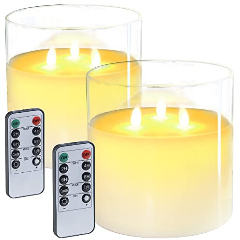 Lunartec LED Echtwachskerzen: 2er-Set LED-Echtwachs-Kerzen im Windglas mit Fernbedienung (3-Dochtkerze, 3 Docht Kerzen im Glas, Party)